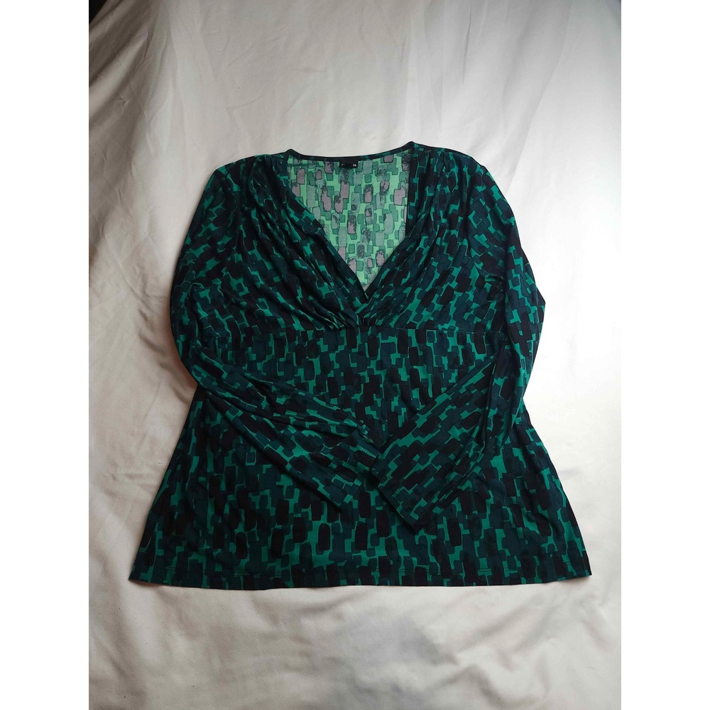 Rafaella Green Geometric Abstract V-Neck Empire Waist Top XL Long Sleeve Womens
